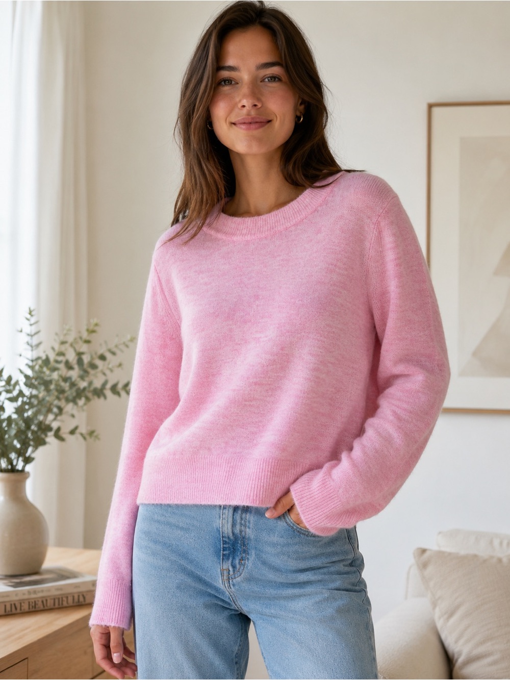 LOFT Pink Ribtrim Flare Sleeve Sweater